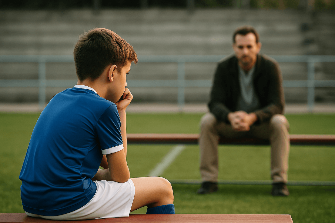 padre e hijo deportista sin conexión en un campo de futbol