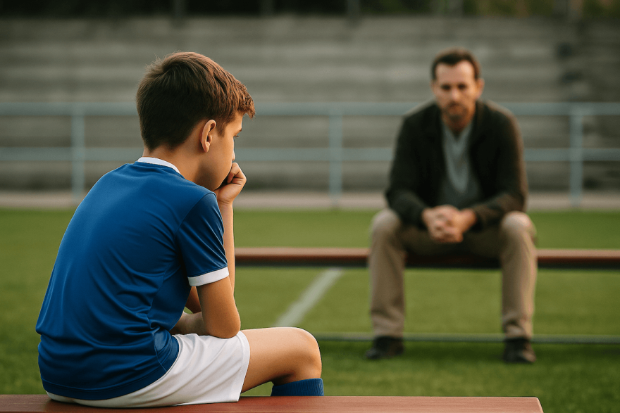 padre e hijo deportista sin conexión en un campo de futbol